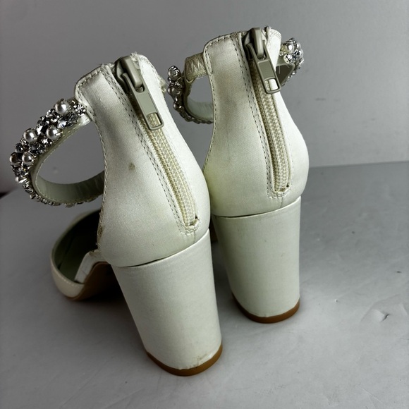 Jewel by Badgley Mischka Beaded Ankle Strap White Satin Chunky Heels - Picture 3 of 9